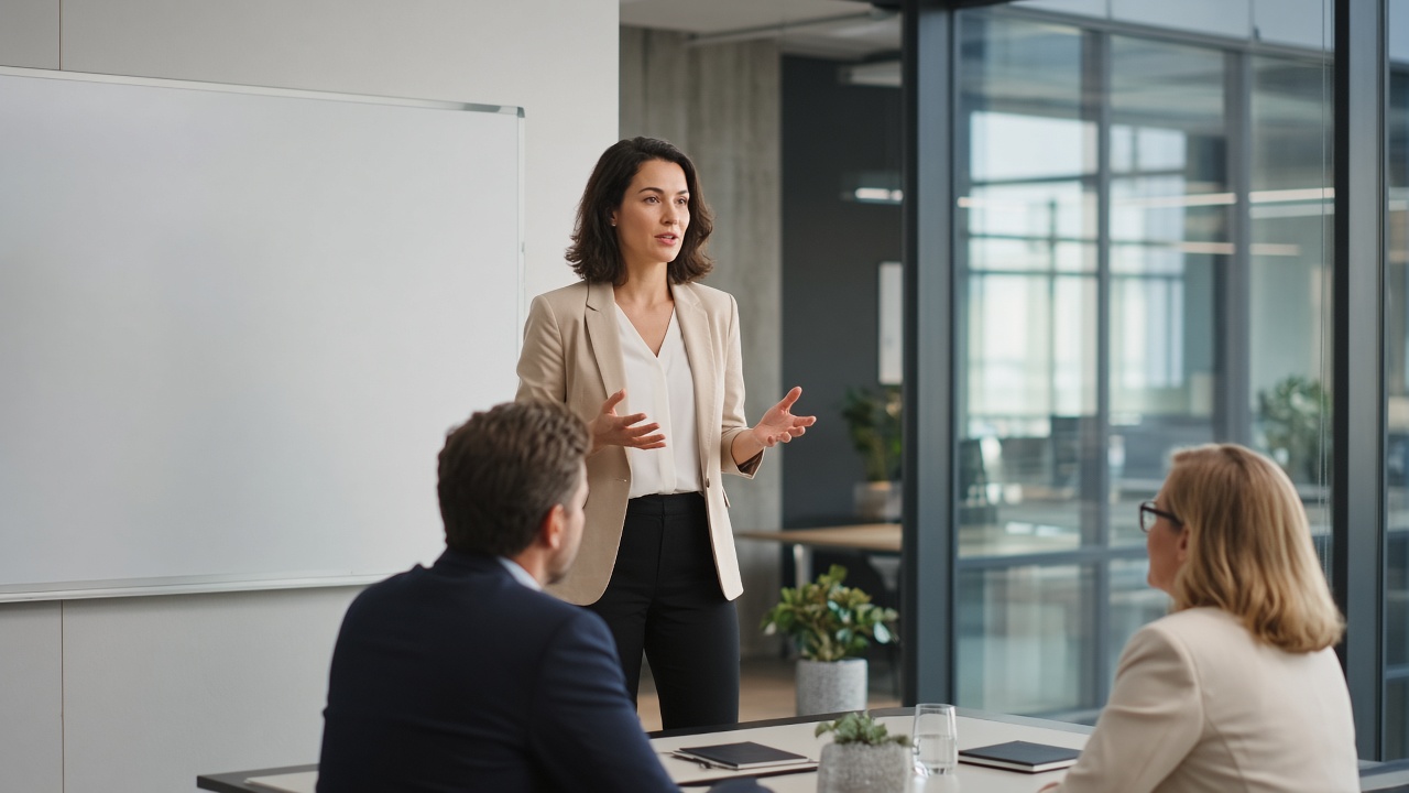 A professional presenting to two colleagues in a meeting room.