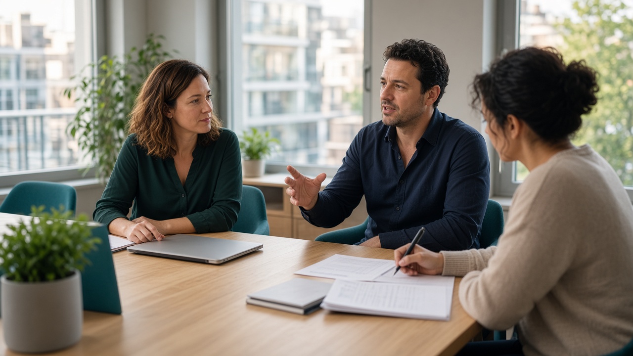 A trainer and two professionals in conversation around a table in a bright office.