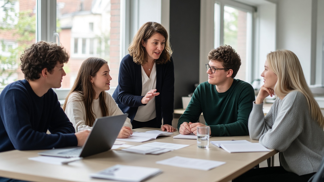 A lecturer talking with four students around a seminar table.