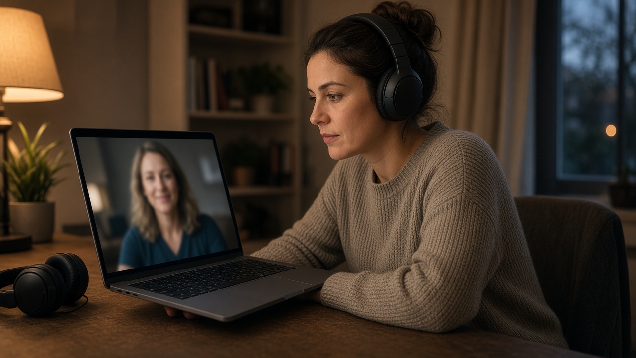 A learner on a video call with a trainer, working from a desk at home.
