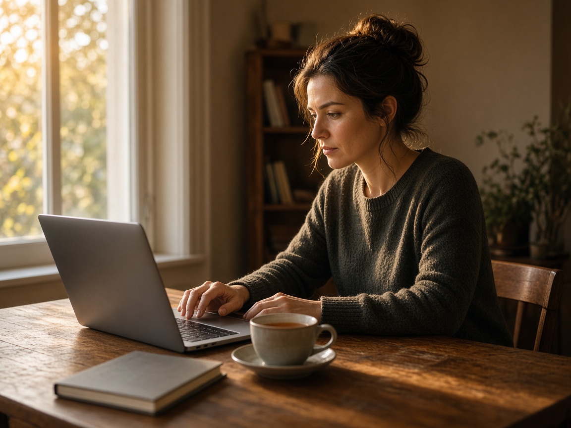 A professional studying at a laptop beside a window.