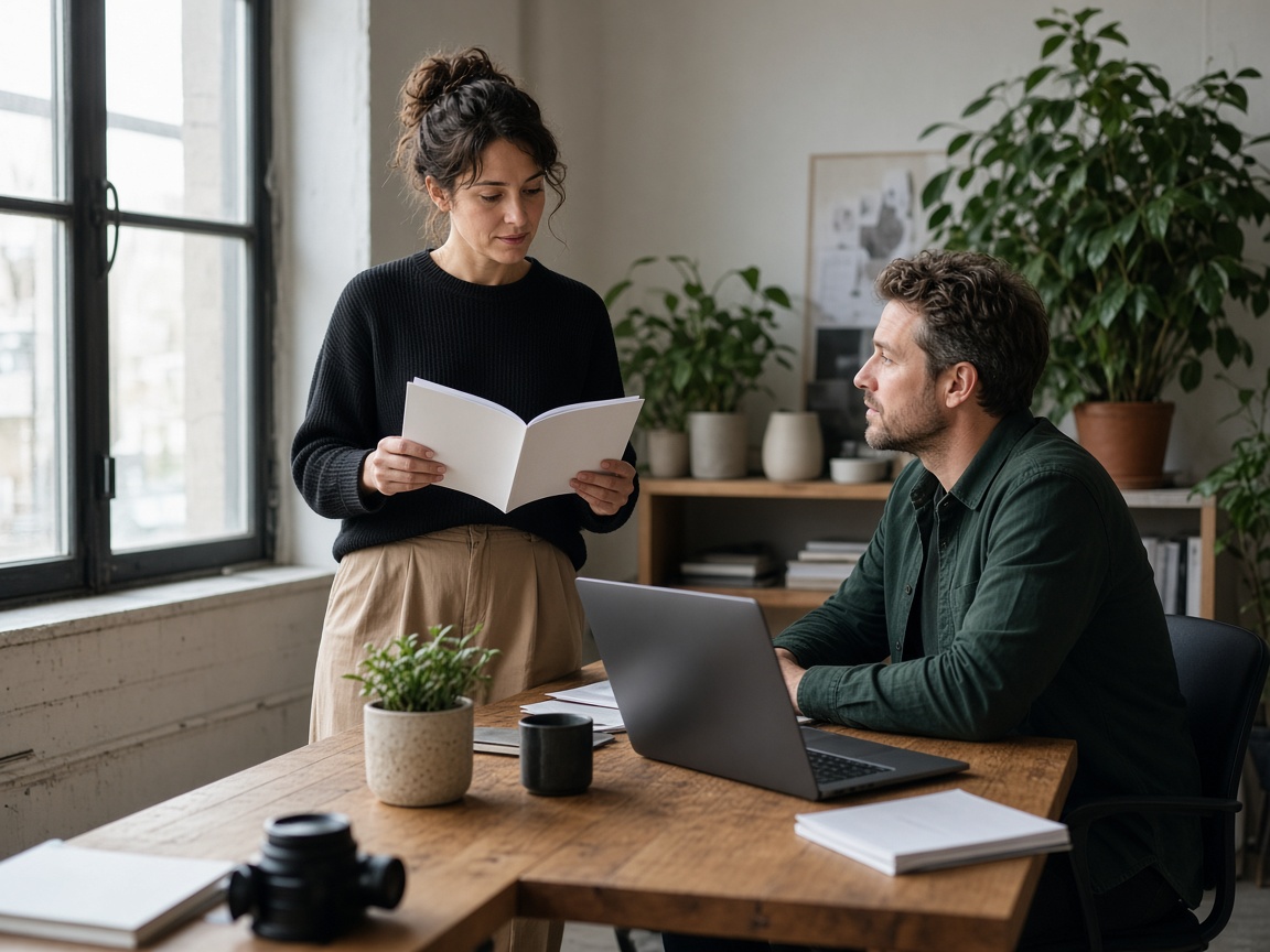 Two colleagues reviewing a booklet together in a bright studio.